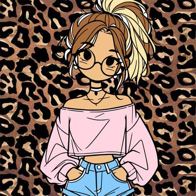 girl with a messy ponytail glasses a baggy crop top and jean shorts