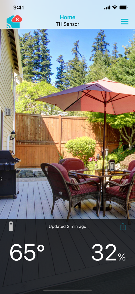 La Crosse View - La Crosse View app screen showing backyard sensor data with 65 degrees temperature and 32 percent humidity over a photo of a patio