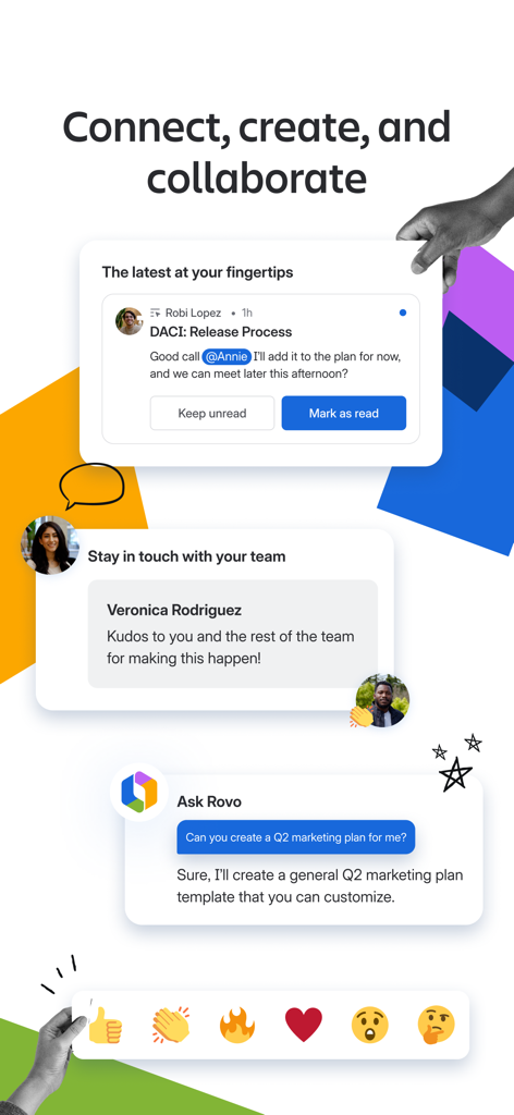Confluence Cloud app interface showing collaboration notifications team messages and Rovo AI chat for project planning