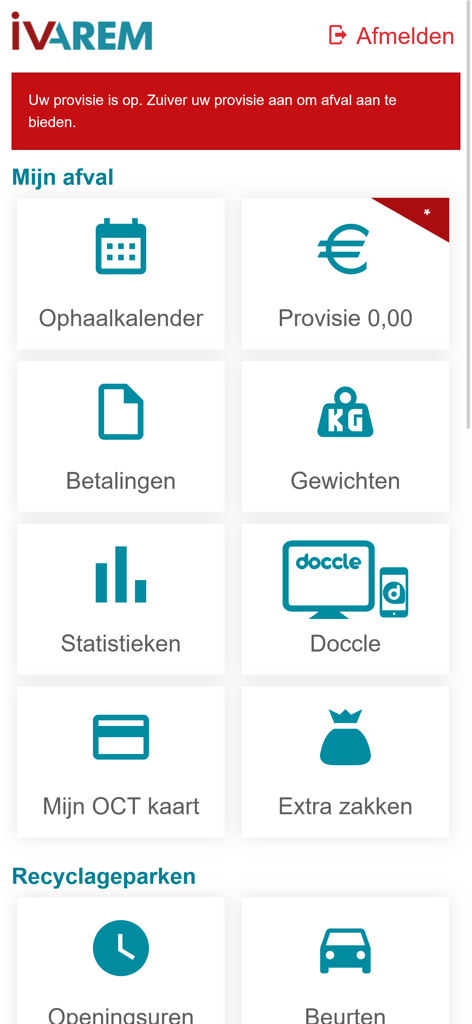 Dashboard der IVAREM Mobile-App mit Abfallkalender und Symbolen für Recyclingdienste