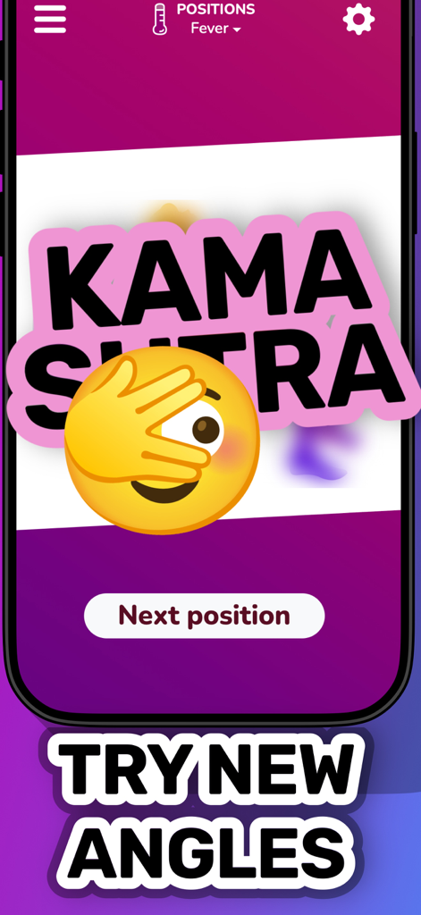 Sex Games for Couples • Blush - Interfaz de la aplicación móvil Blush que muestra posiciones del Kama Sutra y un lema Prueba Nuevos Ángulos.