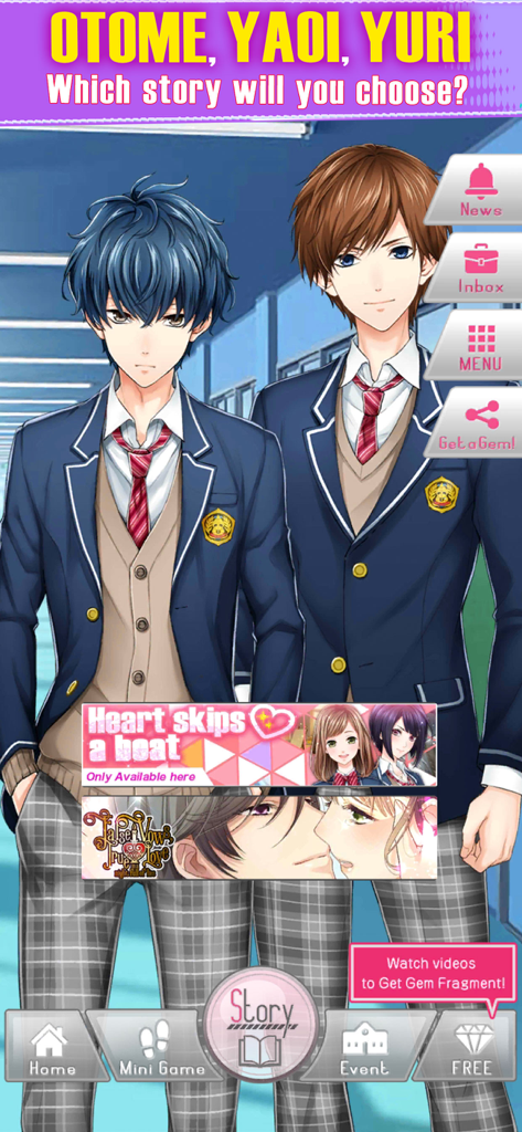 FirstLoveStory：YAOI,YURI,OTOME - Main menu interface of FirstLoveStory visual novel featuring anime male characters and romantic story options