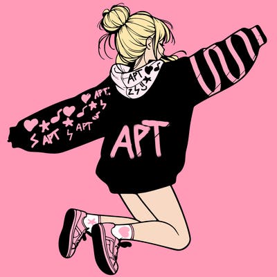 realistic girl jumping with a bun and oversized sweatshirt