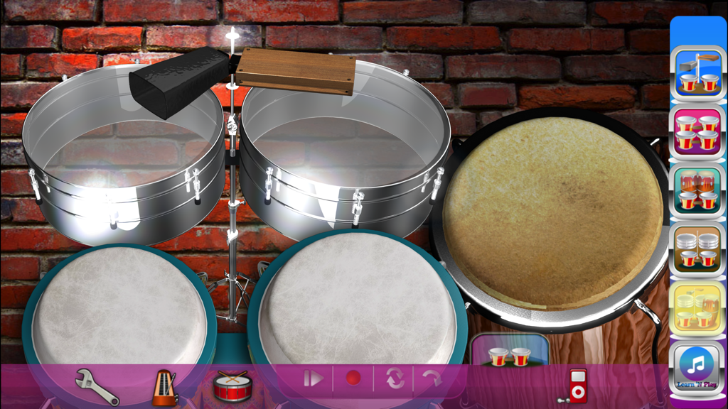 Interface of Bongos! Bongos! app displaying realistic virtual drums and percussion layouts.