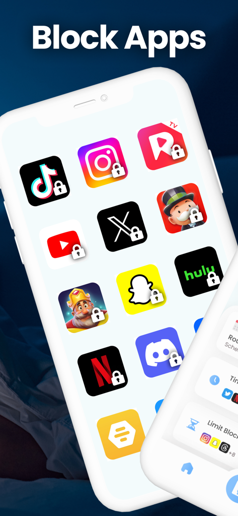 Blockin -Screen Time for Focus - iPhone screen displaying popular social media and entertainment apps with lock icons to demonstrate the app blocking feature