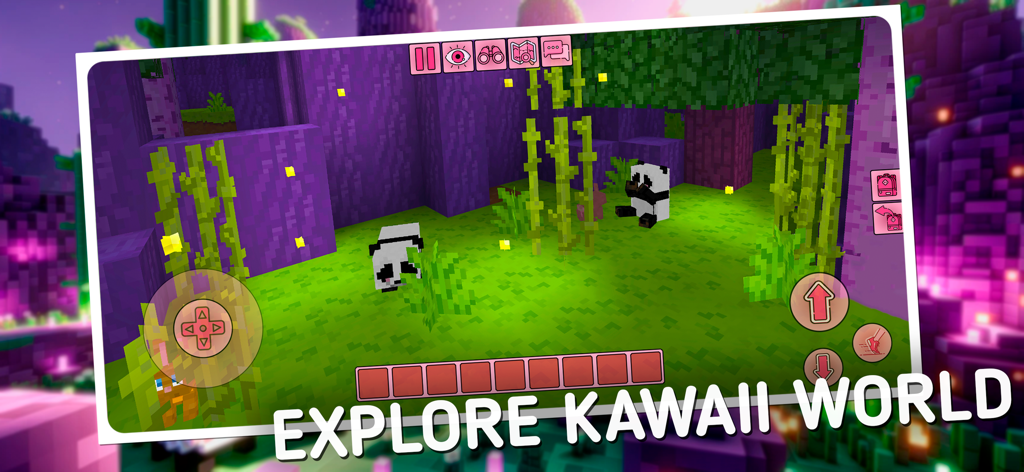 Two cute blocky pandas in a purple bamboo forest from Kawaii World