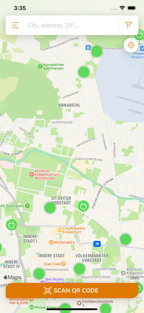 STW eMobil - Map display of electric vehicle charging stations in the STW eMobil app