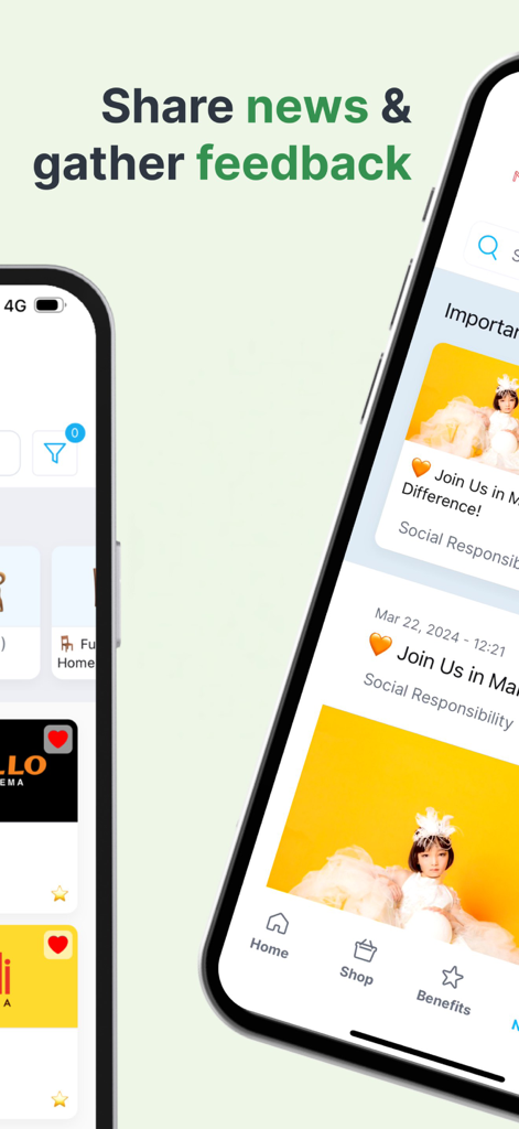 MELP.com - MELP app interface showing company news feed and employee feedback features