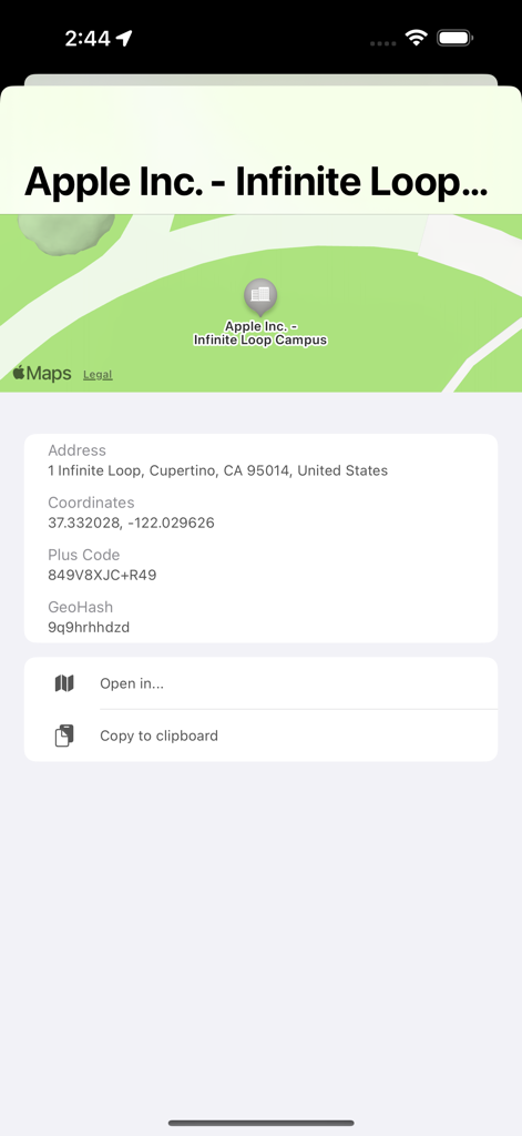 The Location App - The Location App interface displaying precise address and coordinates for Apple Infinite Loop