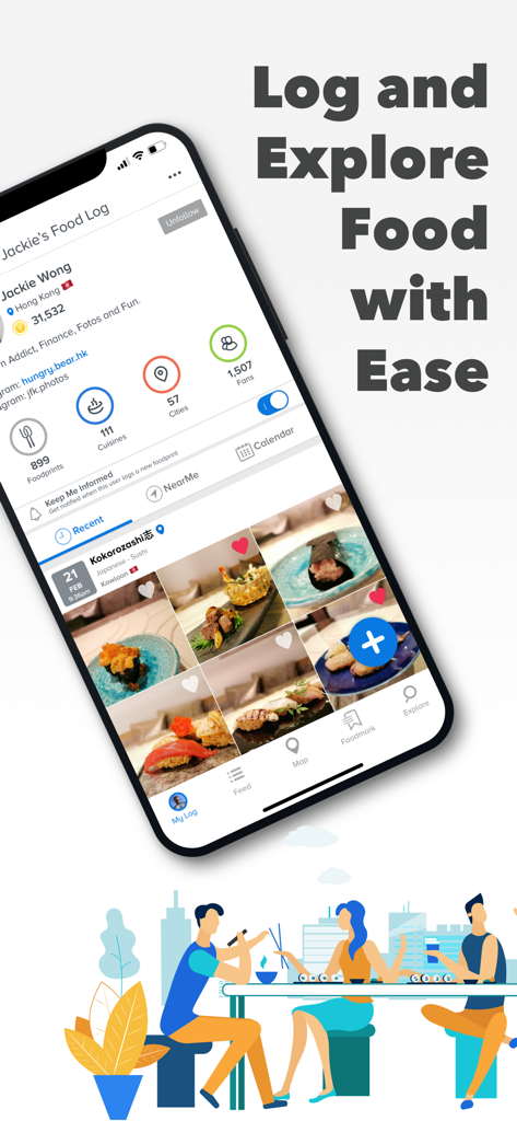 YUMMI: Restaurant & Food Diary - Pantalla de smartphone mostrando la aplicación Yummi con el diario de comida de restaurantes y estadísticas de usuario