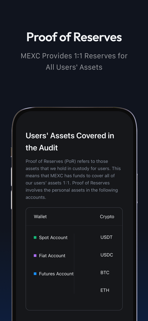 MEXC: Buy Bitcoin BTC & Crypto - Interfaccia dell'app MEXC che mostra la Prova delle Riserve e il backing 1:1 degli asset per gli account di criptovalute.