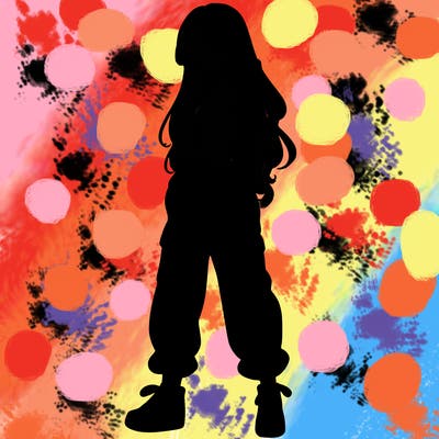 girl in baggy pants crop top and long hair