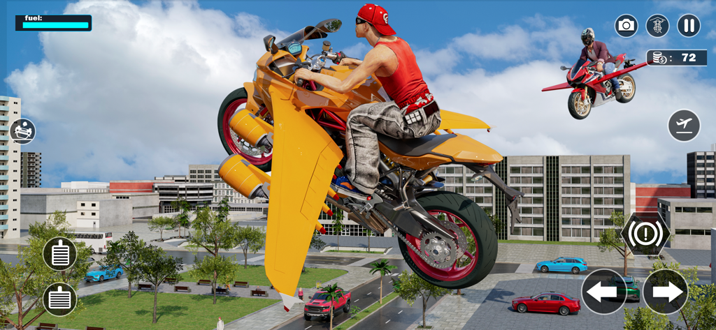 Flying Motorbike: Bike Games - A yellow flying motorbike with wings soaring above a city landscape in a simulation game.
