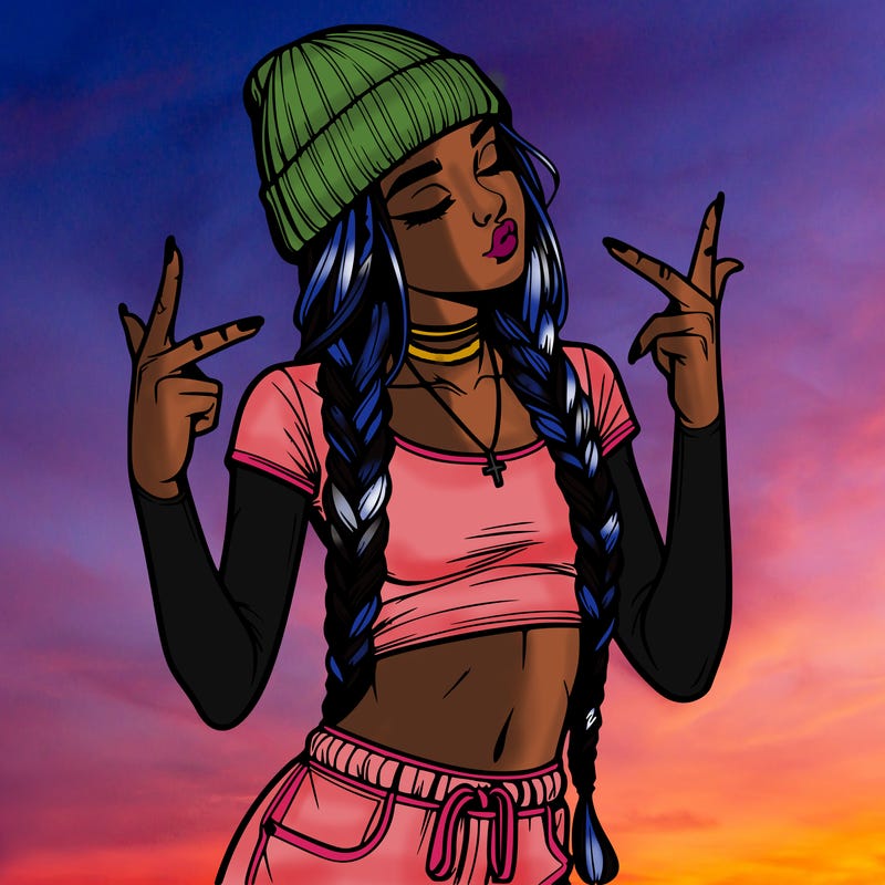 realistic teenage girl with braids and a beanie and crop top doing 🫶🏼