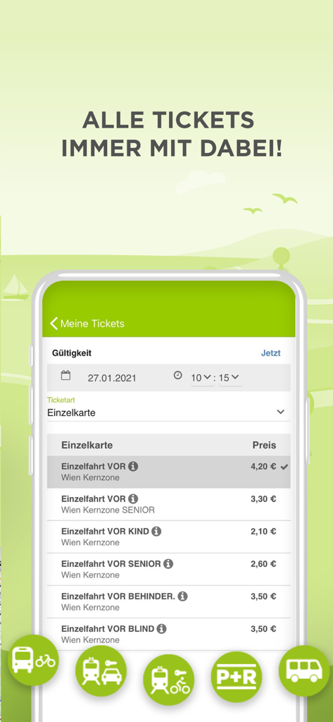 VOR AnachB mobile app showing ticket prices and selection for Vienna public transport