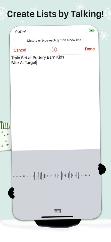 The Christmas List - A screenshot of The Christmas List app demonstrating the voice-to-text dictation feature for adding gifts to a shopping list.