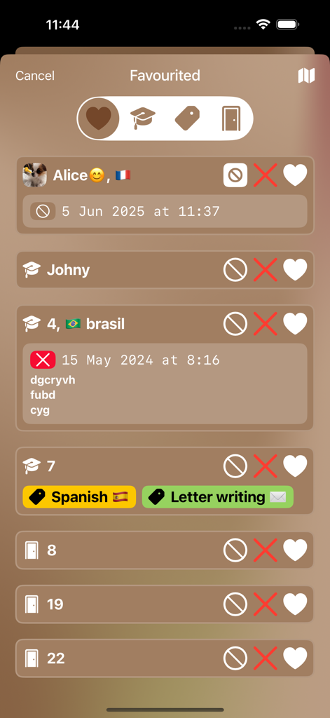 JW Service - JW Service app interface displaying a list of favourited ministry contacts and addresses
