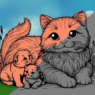 realistic cat with baby kittens