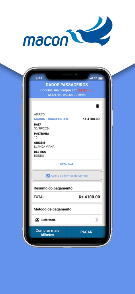 Macon Transportes - アンゴラへの旅行のためのバスチケットの詳細と支払い概要を表示するMacon Transportesアプリ画面。