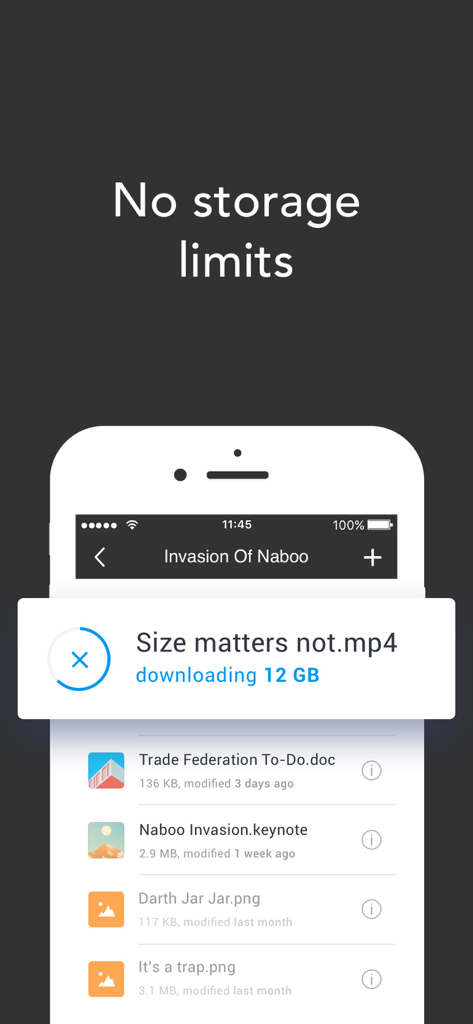 Resilio Sync - Resilio Sync mobile app screen showing a 12GB file download and the text No storage limits