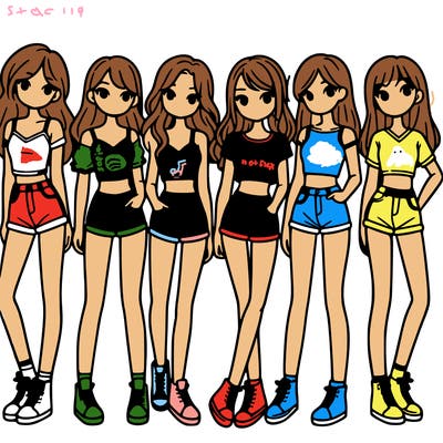 a group of girls wearing crop tops and shorts
