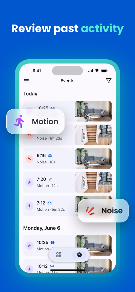 Camerito-App-Oberfläche zeigt historische Ereignisse der Bewegungs- und Geräuscherkennung