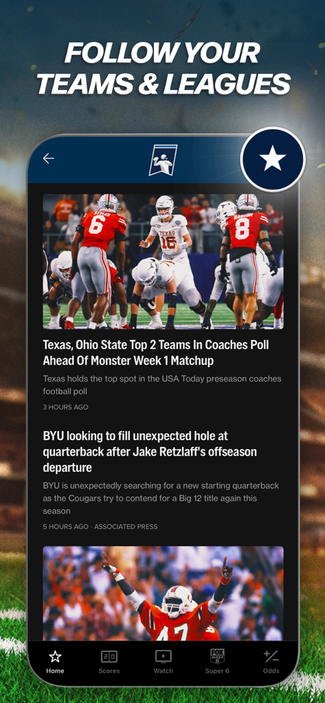 L'écran d'accueil de l'application FOX Sports montrant un flux d'actualités personnalisé avec des articles et des titres sur le football universitaire