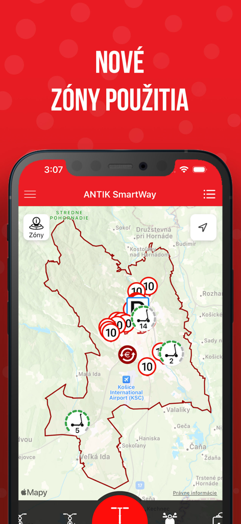 Antik SmartWay app interface displaying a map with scooter availability and usage zones