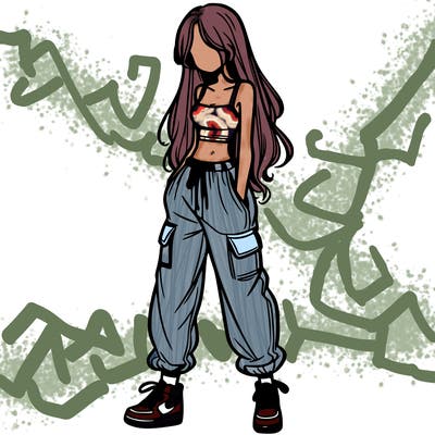 girl in baggy pants crop top and long hair