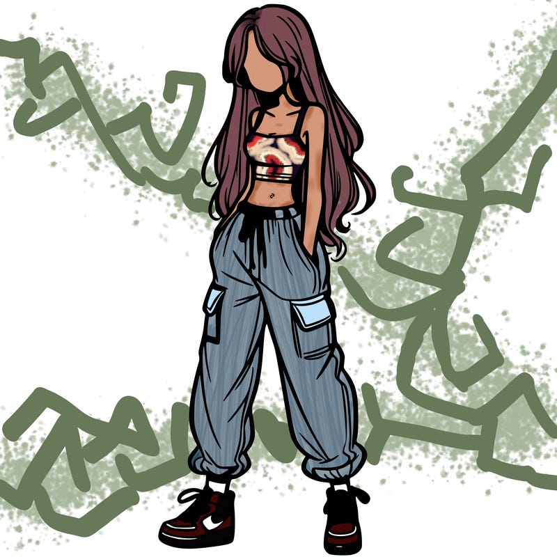 girl in baggy pants crop top and long hair
