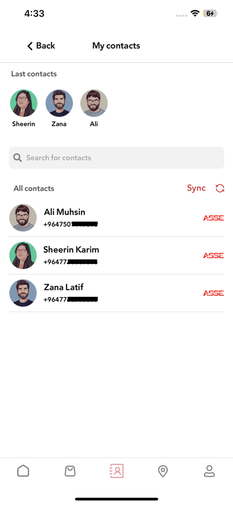 Asse Online - A mobile app screen showing the contacts management interface with a search bar and a list of frequent and saved contacts