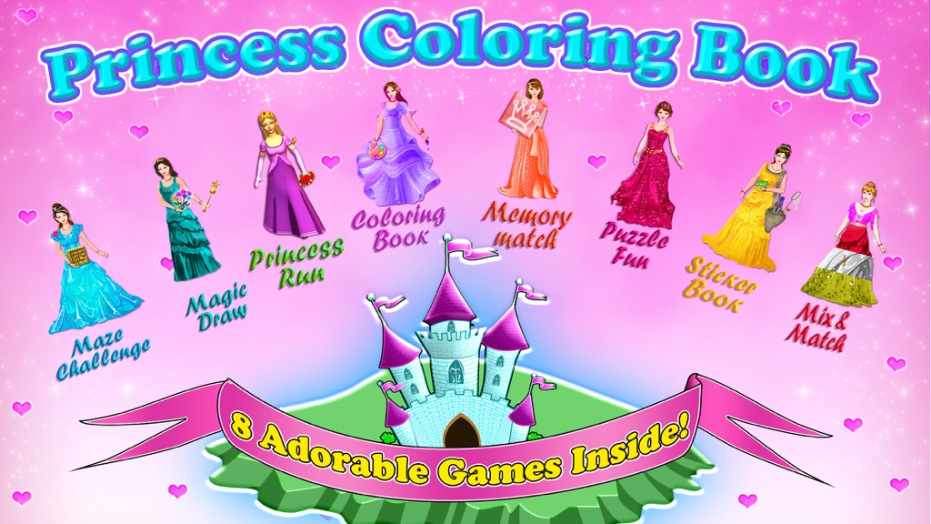 Little Princess Coloring Book! - Little Princess Coloring Book app main menu showing 8 interactive princess themed games