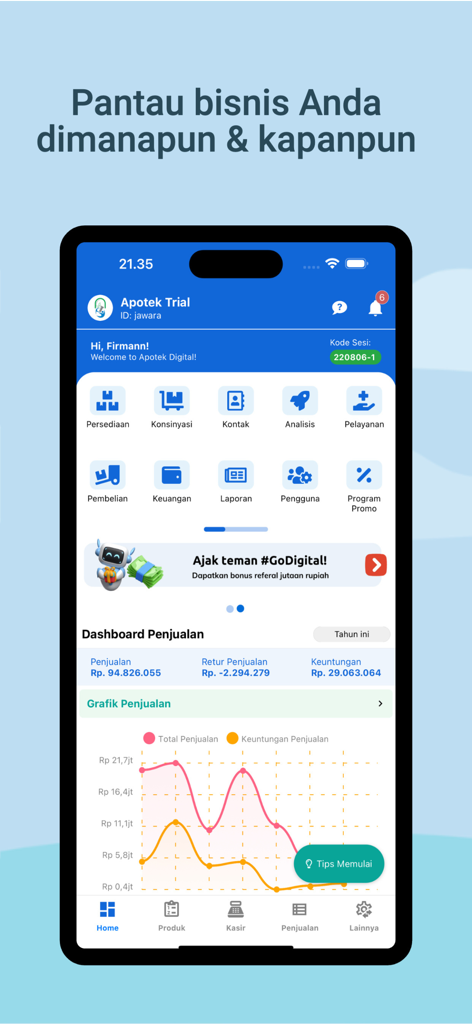 Mitra Apotek Digital - Dashboard of the Mitra Apotek Digital pharmacy management app showing sales graphs and business tools.