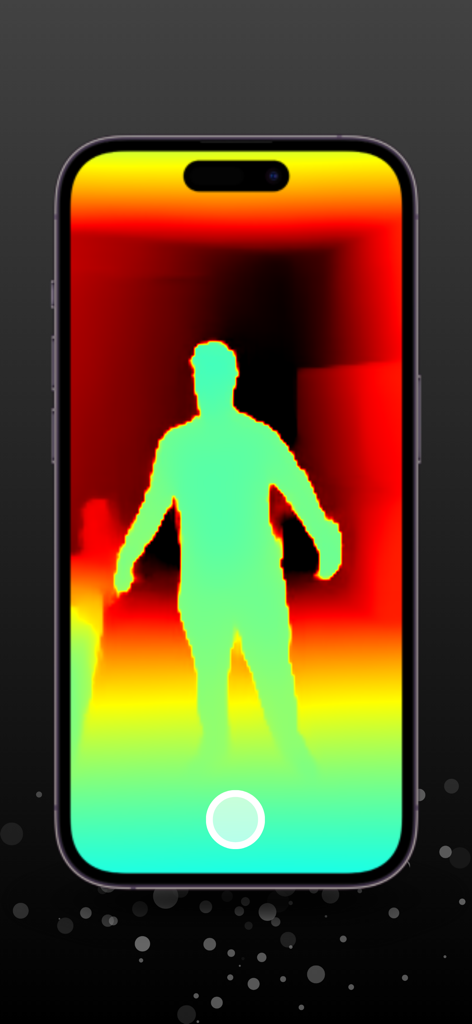 Pantalla de iPhone que muestra la silueta de una persona en un mapa de calor de mapa de profundidad LiDAR colorido