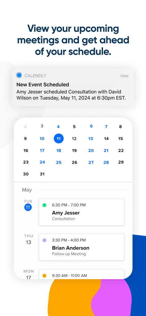 Calendly Mobile App-Oberfläche, die eine Kalenderansicht und eine Liste anstehender geplanter Besprechungen zeigt.