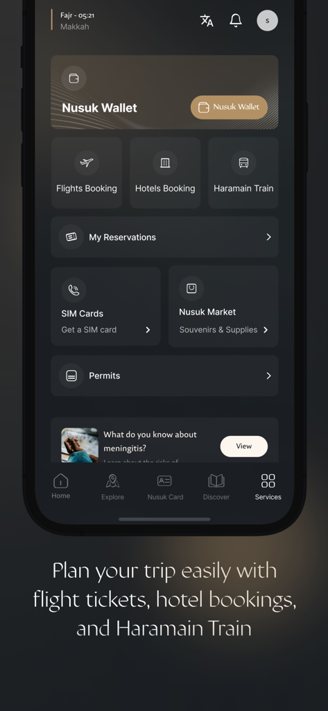 Nusuk mobile app interface showing flight, hotel, and train booking services for pilgrims