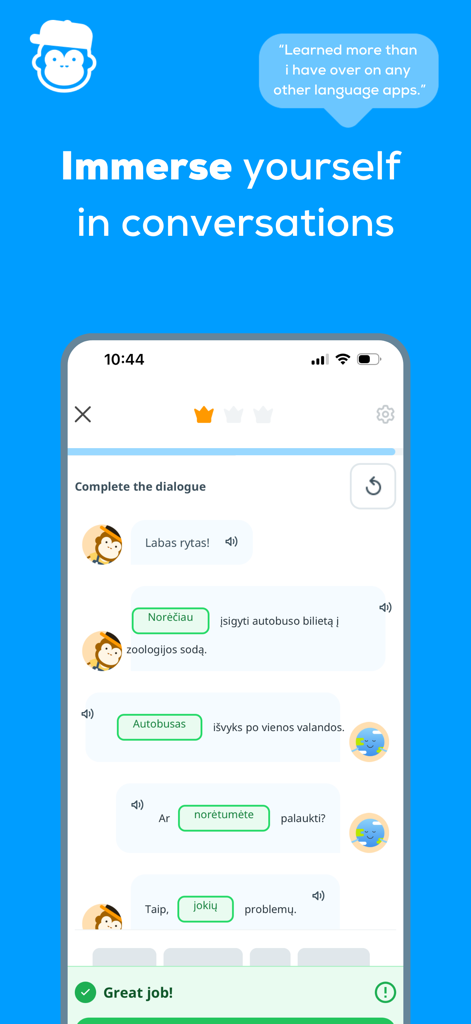 A screenshot of the Ling app displaying an interactive conversation exercise with dialogue bubbles.