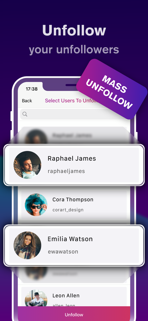 Interfaz que muestra la función de unfollow masivo para unfollowers de Instagram en la aplicación Profile Reports Tracker