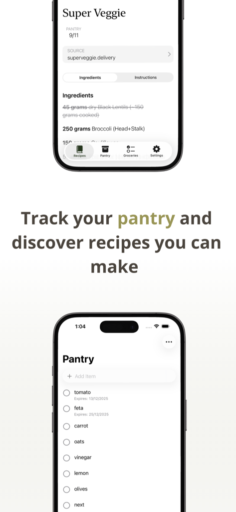 Pantry Recipe Manager app screens for tracking food inventory and discovering recipes