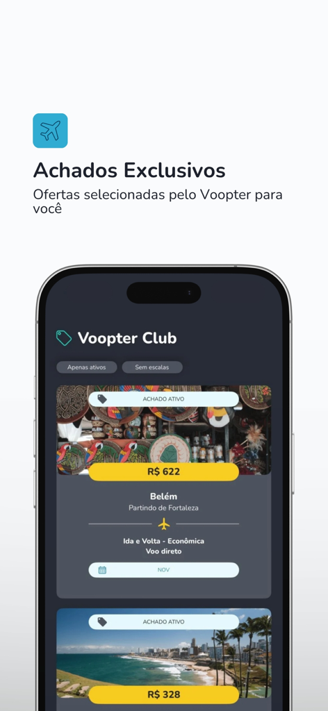 Smartphone screen displaying exclusive flight deals and travel offers from Voopter Club.
