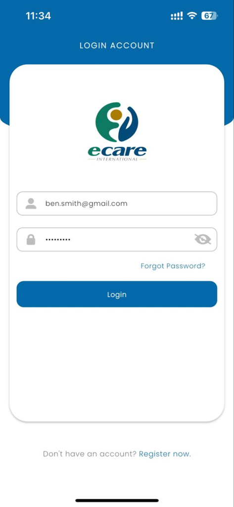 ECARE INTERNATIONAL TPA - Login screen for the ECARE INTERNATIONAL TPA healthcare management app with email and password fields