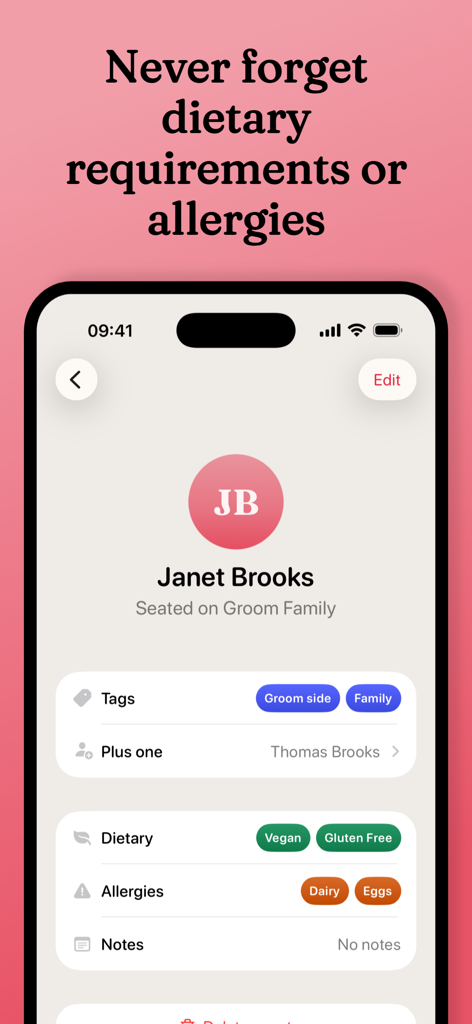 Wedding guest profile showing dietary requirements, allergies, and plus-one details