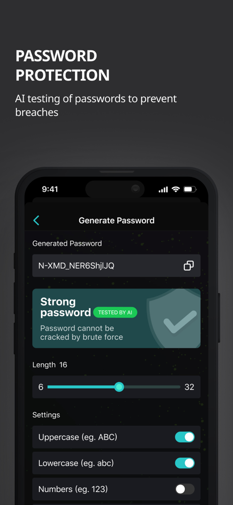 AI Security: Breach Defender - AI Security app screenshot showing a strong password generator with AI testing feature