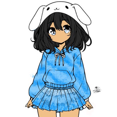pretty anime girl wearing a fluffy hoodie with bunny ears on the hood and a skirt