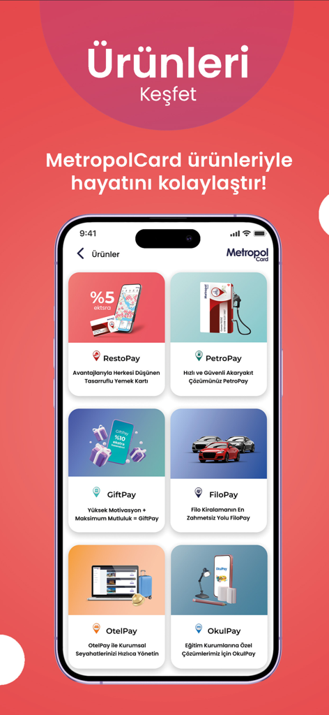MetropolCard Kullanıcı - Interfaz de la aplicación móvil MetropolCard mostrando opciones de beneficios corporativos que incluyen servicios de pago de comidas, combustible y regalos