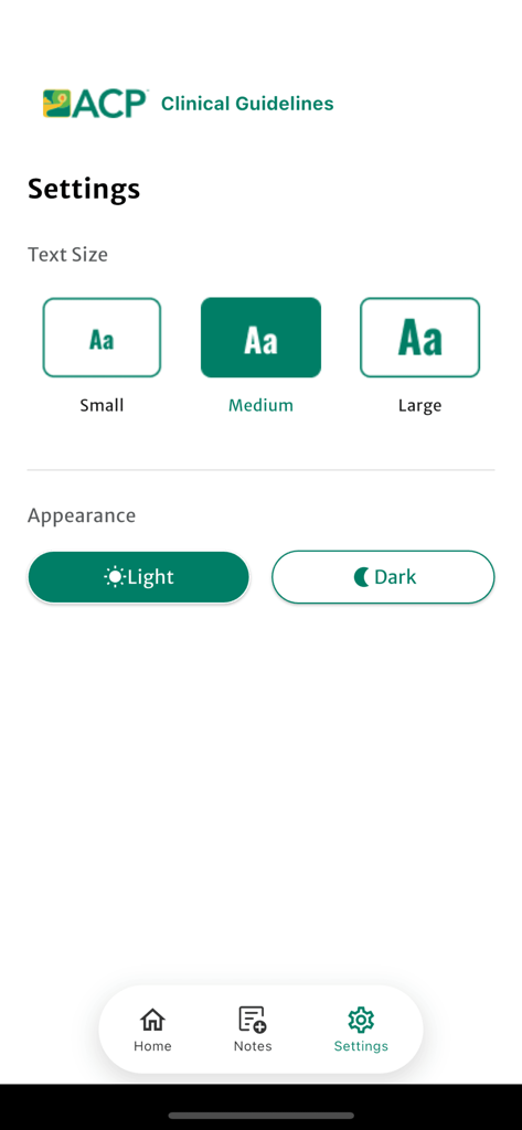 ACP Clinical Guidelines - The settings menu in the ACP Clinical Guidelines app showing options for text size adjustment and light or dark mode appearance.