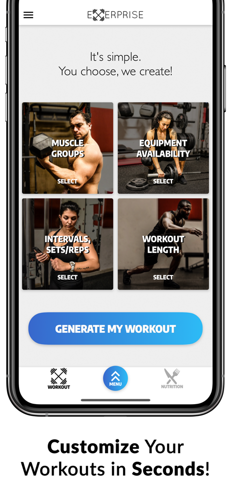 Exerprise Workout Meal Planner - Mobile interface of Exerprise showing workout customization options like muscle groups and equipment.