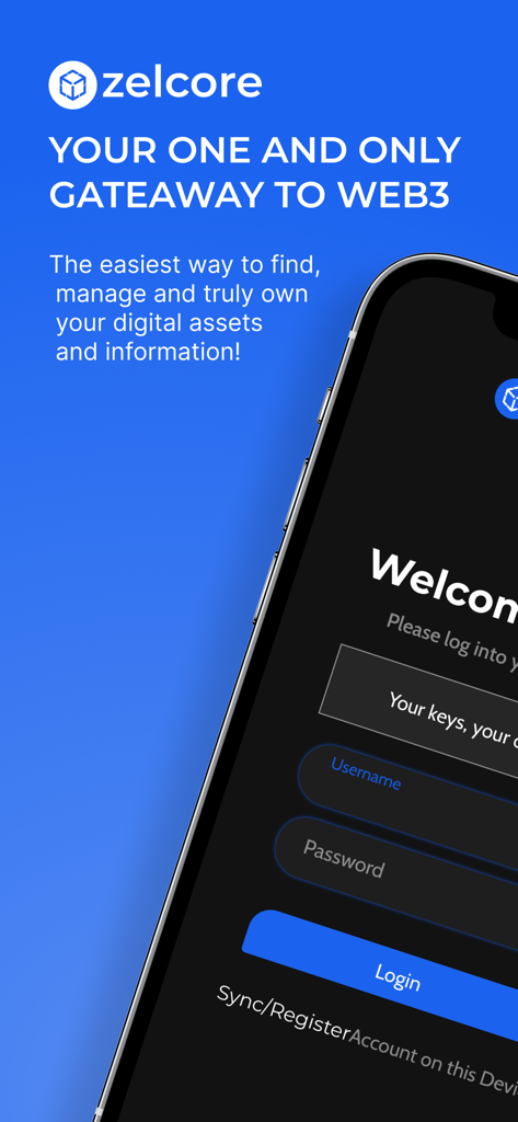ZelCore - Pantalla de bienvenida de la aplicación ZelCore con el texto Tu única puerta de entrada a Web3 y un formulario de inicio de sesión