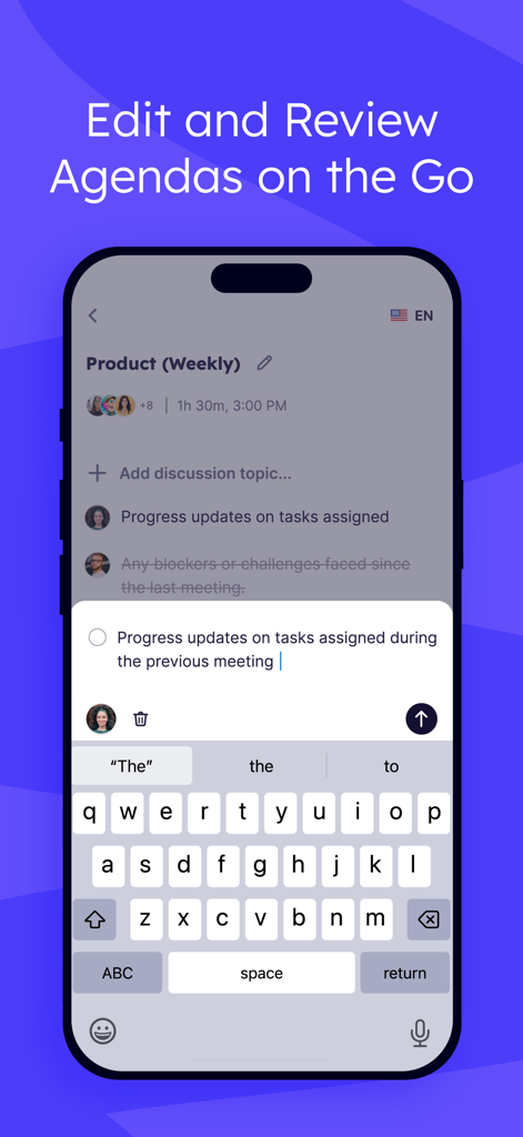 Krisp AI Meeting Note Taker - Interface for editing and reviewing meeting agendas on the Krisp AI mobile app.