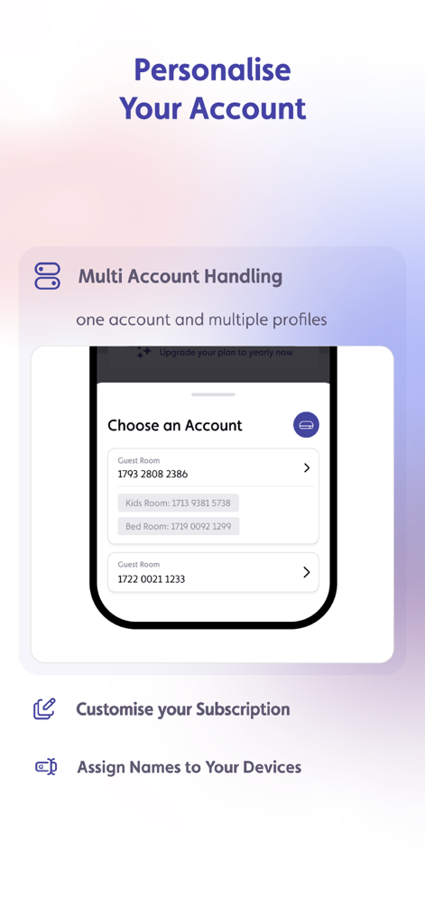 Interface of the myOSNtv app showing account personalization and multi-account handling features.